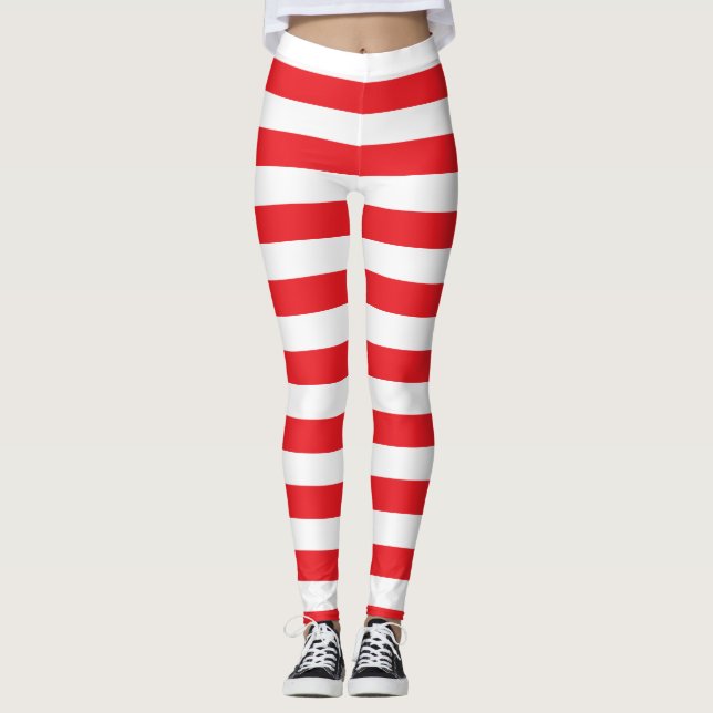 Red and White Bold Striped Leggings (Front)