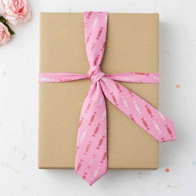 Red and White Bonbons on Pink Tie (Pink bonbon candy necktie)