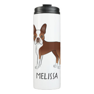 Red And White Boston Terrier Cartoon Dog & Name Thermal Tumbler