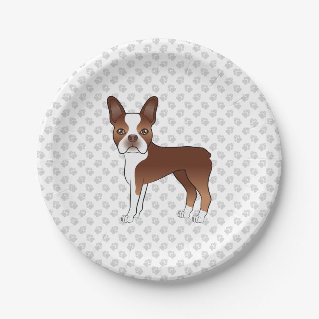 Red And White Boston Terrier Cartoon Dog & Paws Paper Plate (Front)