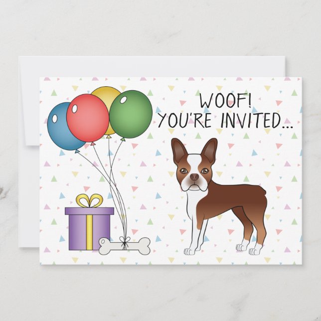Red And White Boston Terrier Cute Dog - Birthday Invitation (Front)