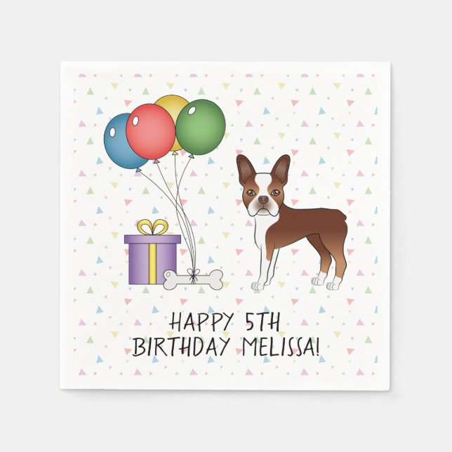 Red And White Boston Terrier Cute Dog - Birthday Napkin (Front)
