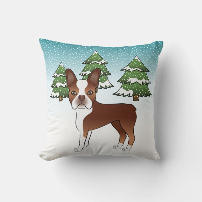 Red And White Boston Terrier In A Winter Forest Cushion (Front)