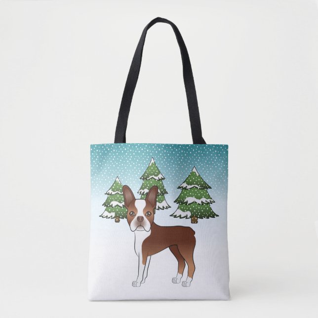 Red And White Boston Terrier In A Winter Tote Bag (Front)