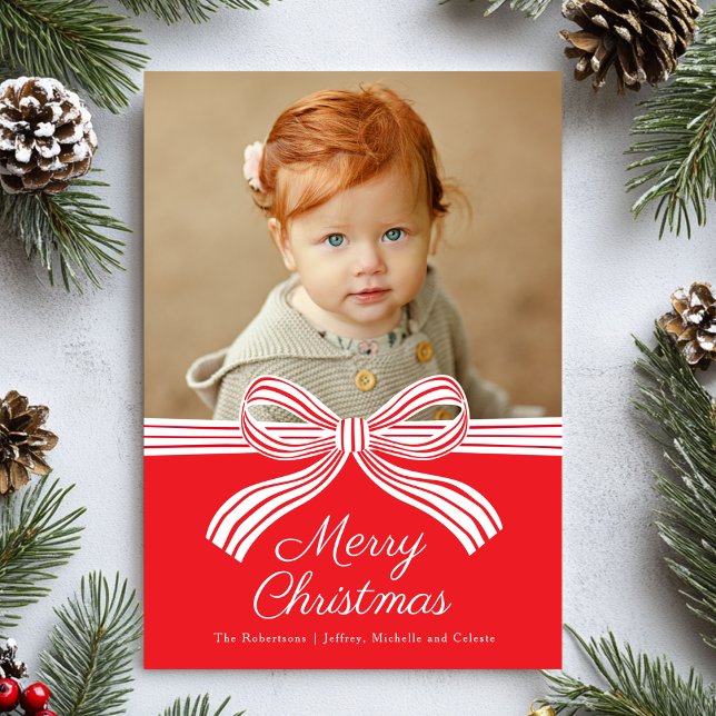 Red and White Bow Flat Christmas Photo Card (Creator Uploaded)