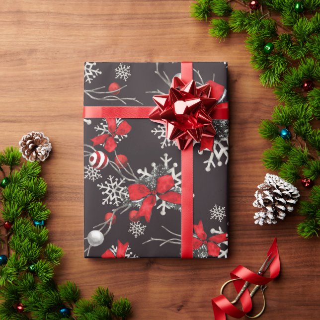 Red and White Bows Ornaments Snowflakes on Black Wrapping Paper (Holiday Gift)