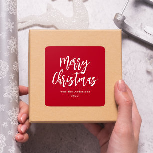 Red and White Brush Script Merry Christmas Square Sticker