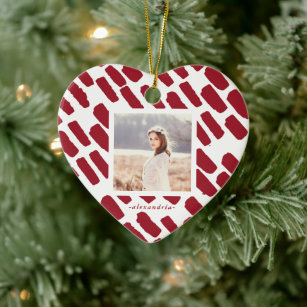 Red and White Brush Strokes with Photo and Name Ceramic Tree Decoration