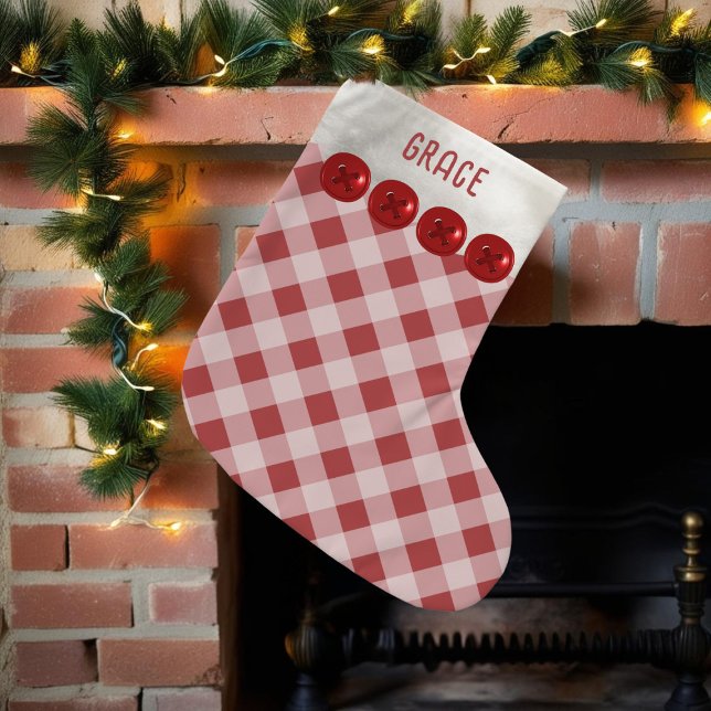 Red and White Buffalo Plaid Monogrammed Small Christmas Stocking (Add your name to this red and white buffalo plaid Christmas stocking)