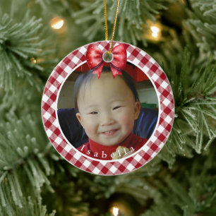 Red and White Buffalo Plaid  Personalised Photo Ceramic Tree Decoration