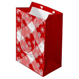 Red and White Buffalo Plaid with Snowflakes Medium Gift Bag