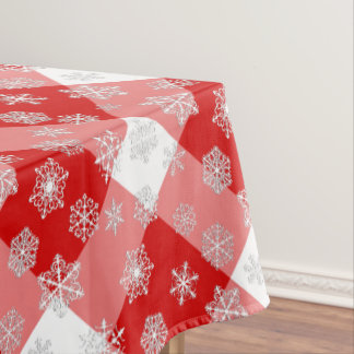 Red and White Buffalo Plaid with Snowflakes Tablecloth