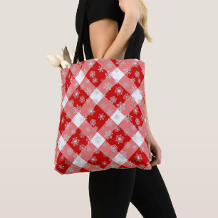 Red and White Buffalo Plaid with Snowflakes Tote Bag
