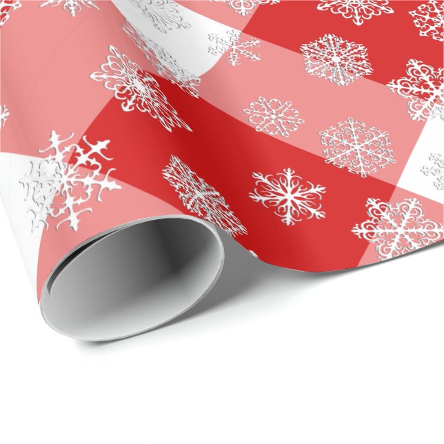Red and White Buffalo Plaid with Snowflakes Wrapping Paper (Roll Corner)
