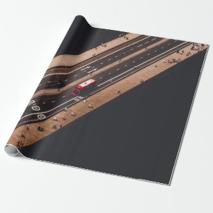 RED AND WHITE BUS RUNNING ON BRIDGE WRAPPING PAPER