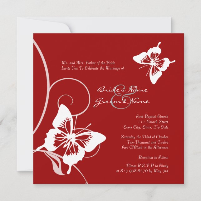 Red and White Butterfly Wedding Invitation (Front)
