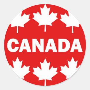 Red and White Canada Text with Maple Leafs Classic Round Sticker