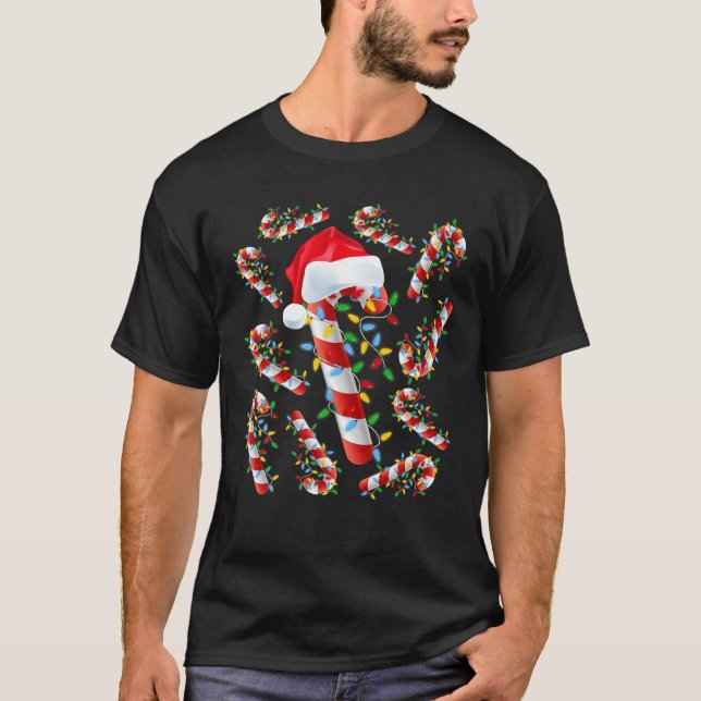 Red And White Candy Cane Christmas Funny Xmas Ligh T-Shirt (Front)