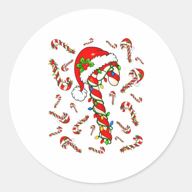 Red And White Candy Cane Santa Christmas Xmas Ligh Classic Round Sticker (Front)