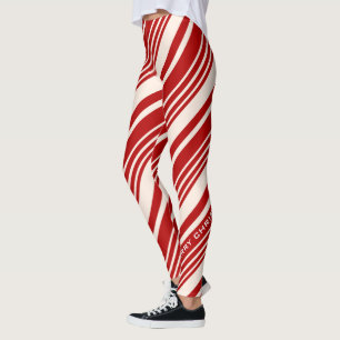 Red and White Candy Cane Stripe Merry Christmas Leggings