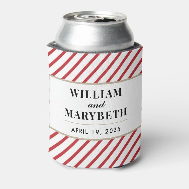 Red and White Candy Cane Stripe Wedding Can Cooler (Can Back)