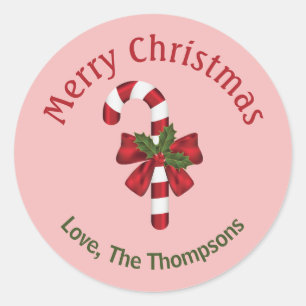 Red And White Candy Cane With Merry Christmas Text Classic Round Sticker