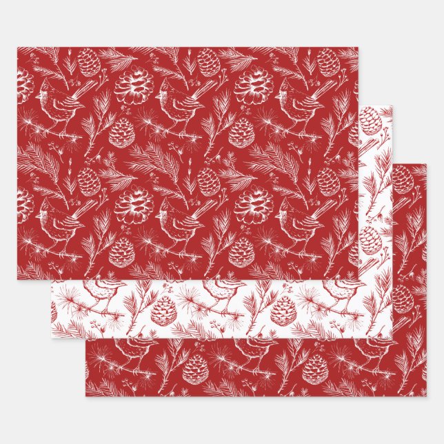 Red and White Cardinal, Pinecones & Winter Berries Wrapping Paper Sheet (Set)