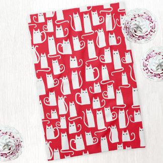 Red and White Cat Pattern Tea Towel