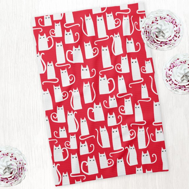 Red and White Cat Pattern Tea Towel (Red and white kitty cat pattern festive kitchen tea towel)