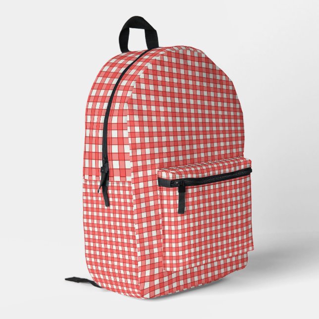 Red and white check plaid pattern printed backpack (Back Corner Left)