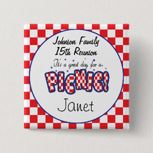 Red and White Checkered   Picnic Reunions 15 Cm Square Badge
