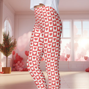 Red and White Chequerboard Heart Valentine's Day  Leggings