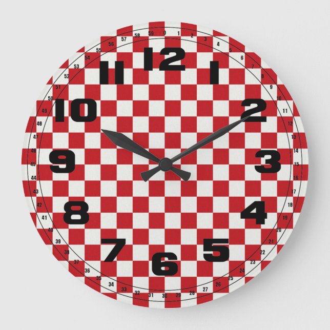 Red and White Chequered Pattern Country BBQ Large Clock (Front)