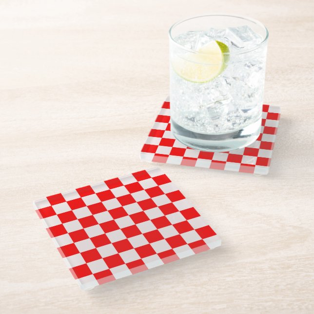 Red and White Chequered Pattern  Glass Coaster (Angled)