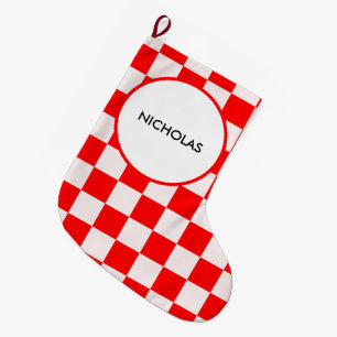Red and White Chequered Pattern Personalised Large Christmas Stocking