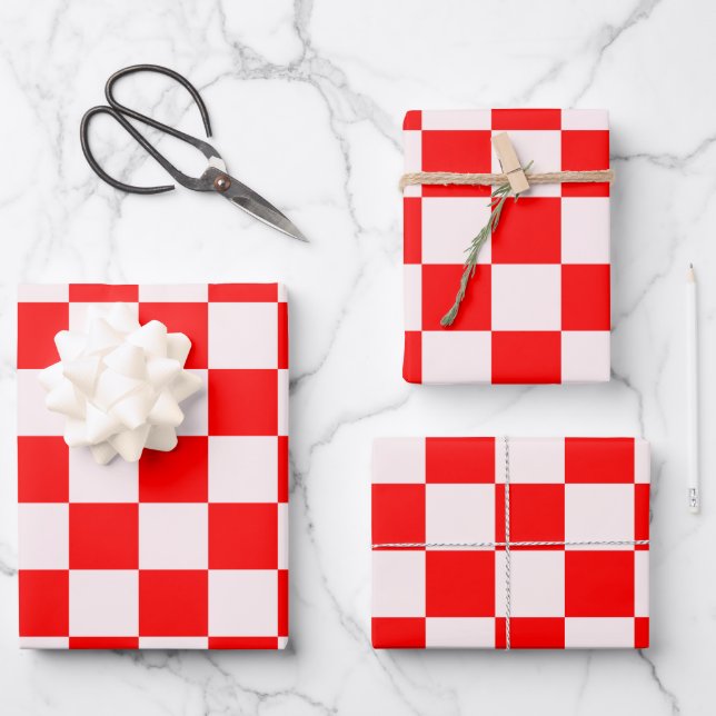 Red and White Chequered Pattern  Wrapping Paper Sheet (Front)