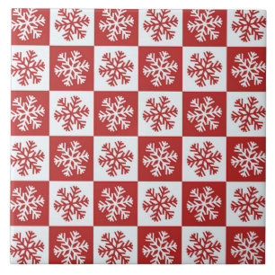 Red and White Chequered Snowflakes Tile