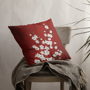 Red  And White Cherry Blossom Floral Oriental Cushion