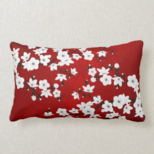 Red And White Cherry Blossoms Asia Floral Lumbar Cushion