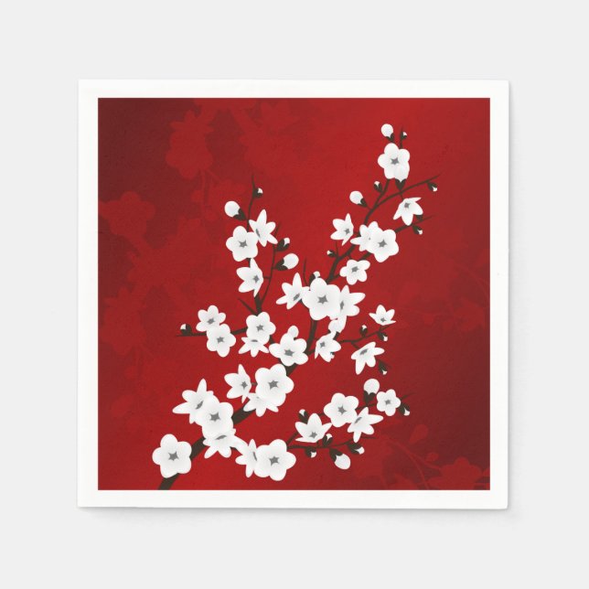 Red And White Cherry Blossoms Floral Napkin (Front)