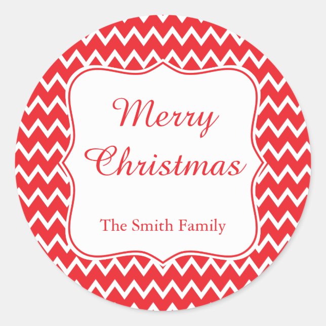 Red and White Chevron Christmas Classic Round Sticker (Front)