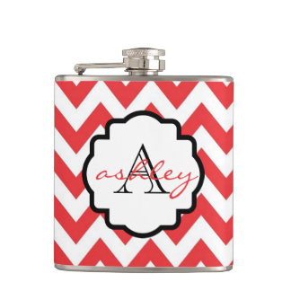 Red and White Chevron Monogram Flask