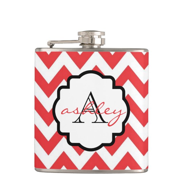 Red and White Chevron Monogram Flask (Front)