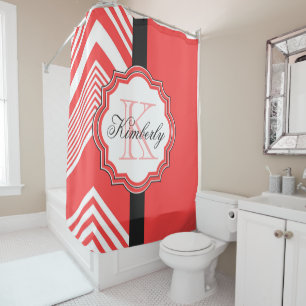 Red and White Chevron Monogram Shower Curtain