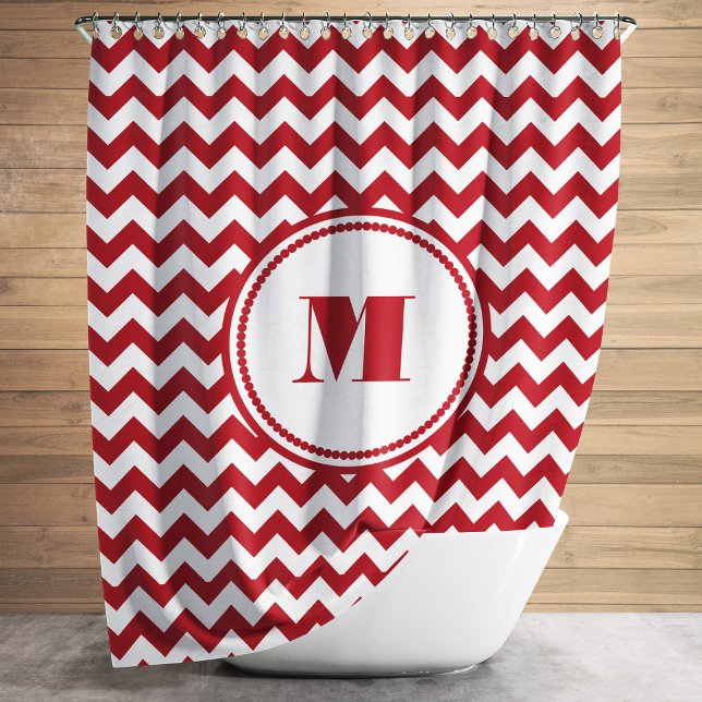Red And White Chevron Pattern With Monogram Shower Curtain (Modern Monogram Red Chevron Stripes Shower Curtain)