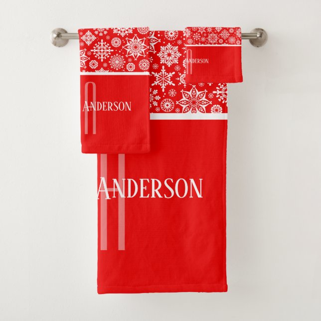 RED AND WHITE CHRISTAMS SNOWFLAKE MONOGRAM BATH TOWEL SET (Insitu)