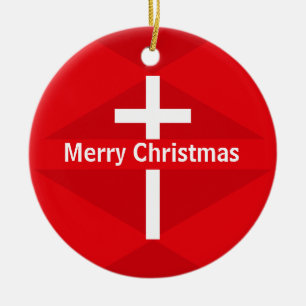 Red and White Christian Cross Merry Christmas Ceramic Tree Decoration