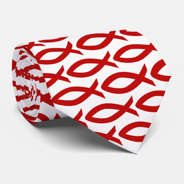 Red and White Christian Fish Symbol  Necktie (Rolled)