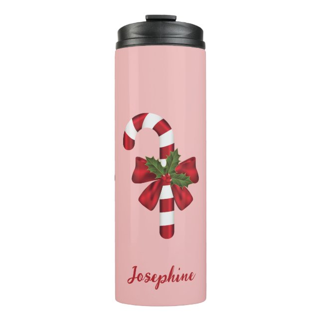 Red And White Christmas Candy Cane And Custom Name Thermal Tumbler (Front)