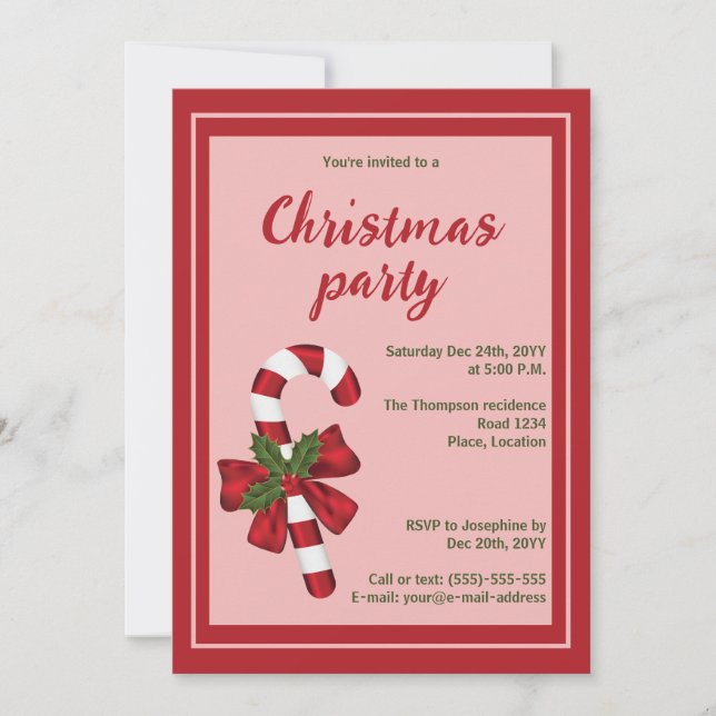 Red And White Christmas Candy Cane Holiday Party Invitation (Front)